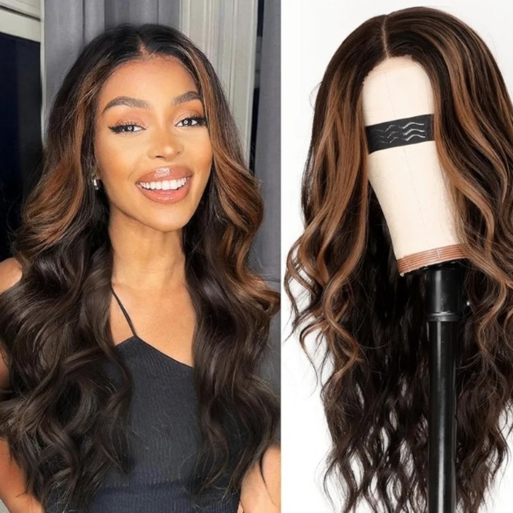 AISI HAIR Dark Brown with Highlights Wig for Women, Long Wavy Lace Hairline 26"